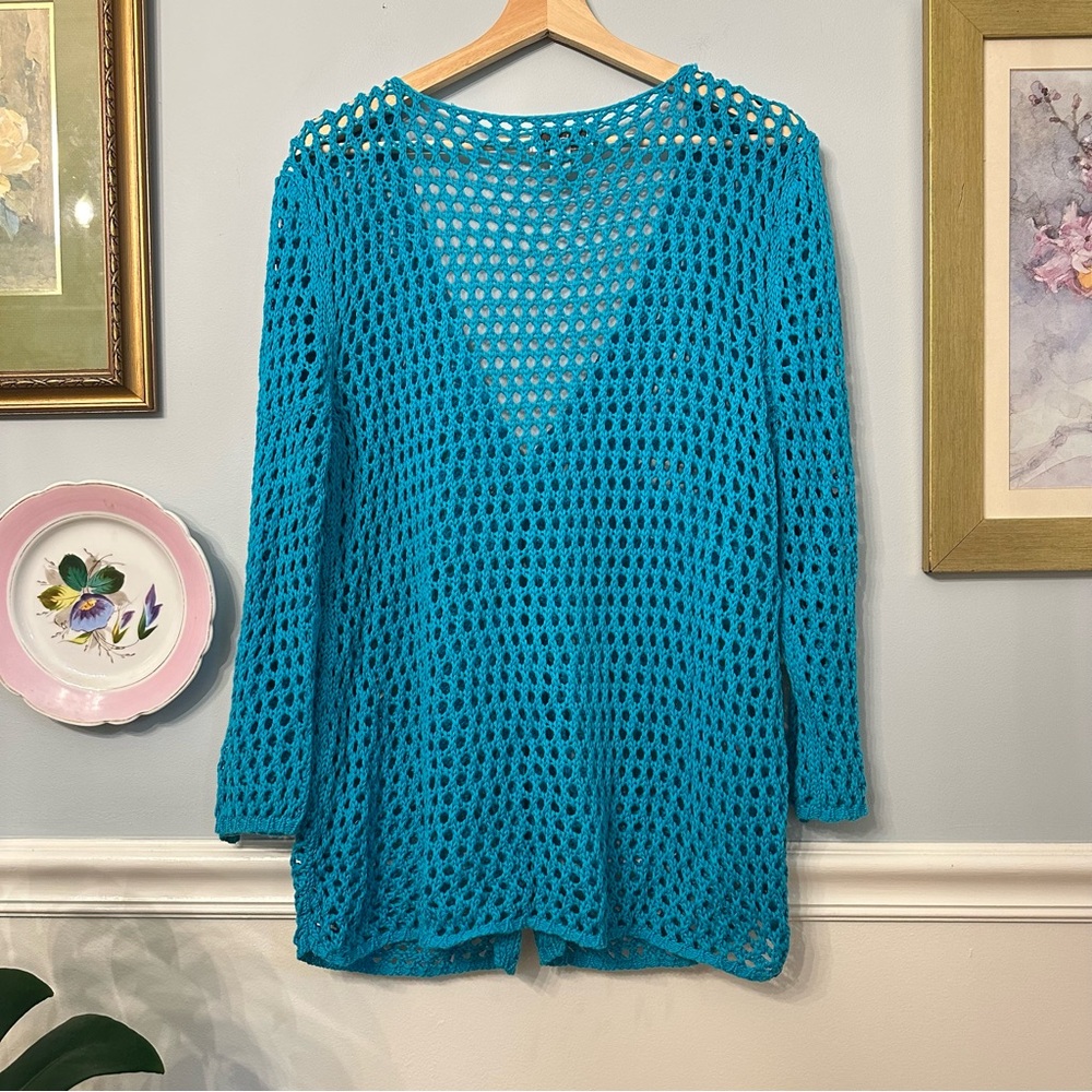 WindiRiver Teal Crochet Cardigan Size XL Babydoll Boho Bohemian Hippie Y2K - Picture 4 of 8